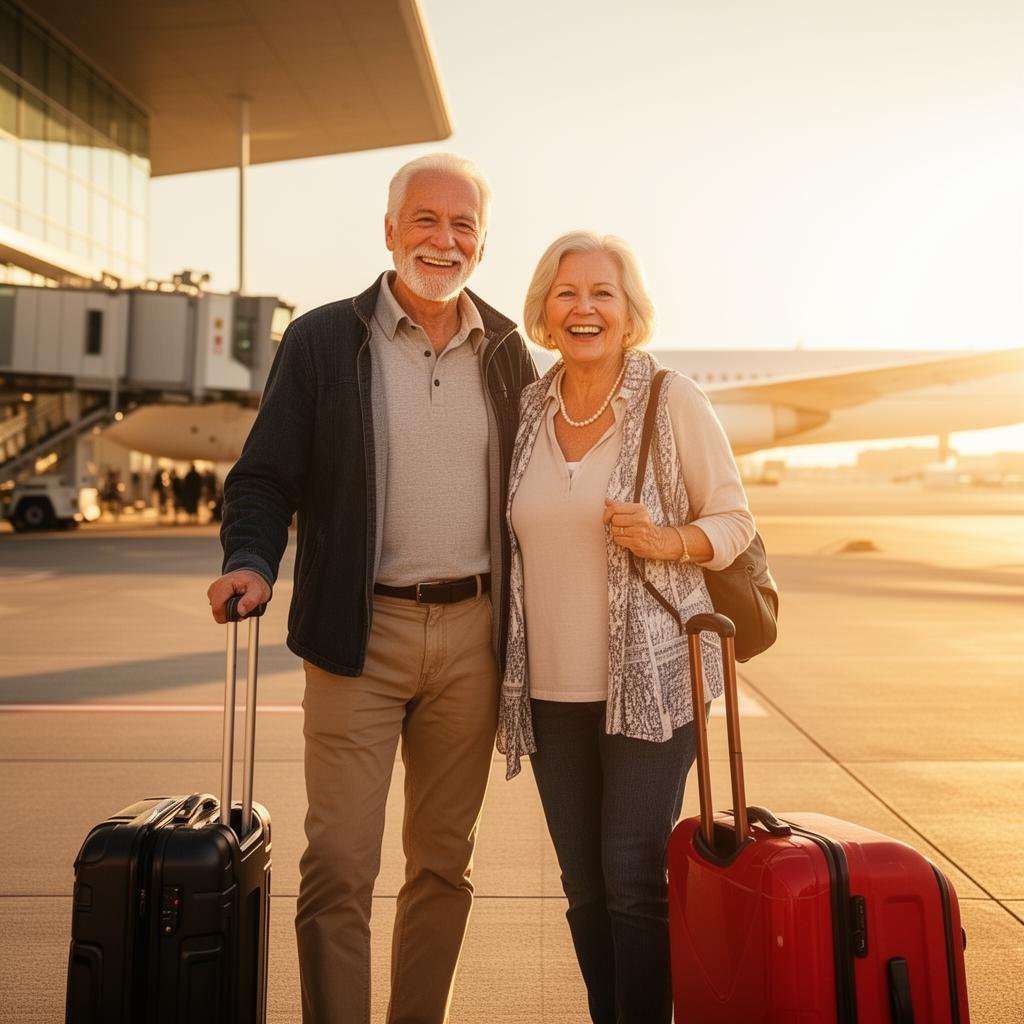 Happy mature couple travelling with luggage
